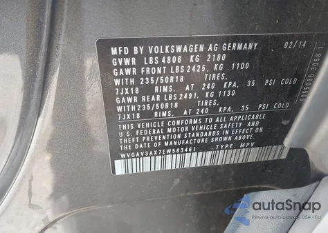 2014 Volkswagen Tiguan Se из США, поврежденный, VIN WVGAV3AX7EW583461